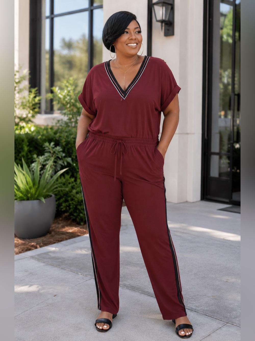 Burgundy V-Neck Jumpsuit with Black Trim